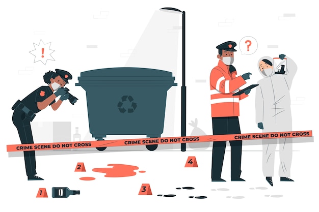 Ufficiali di polizia all'illustrazione del concetto di scena del crimine