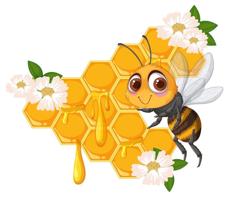 Vettore gratuito un'ape carina con un nido di miele e dei fiori