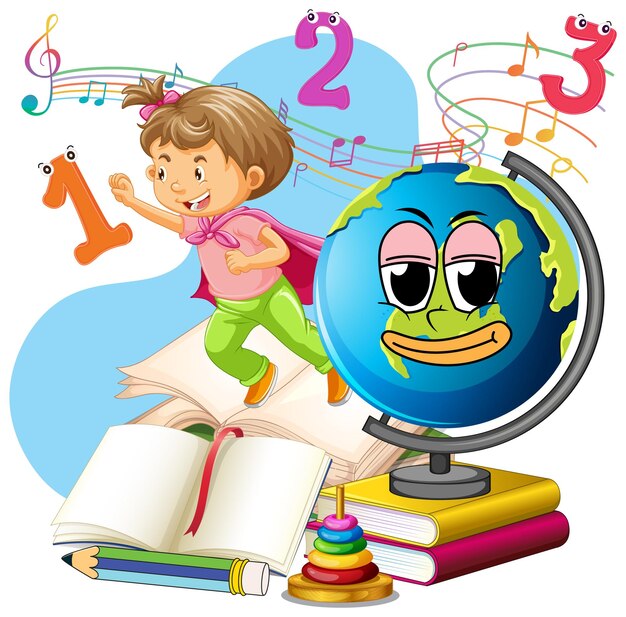 Un bambino con il globo terrestre sul mucchio di libri