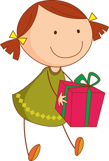 Un bambino scarabocchio che tiene un personaggio dei cartoni animati di una scatola regalo isolato
