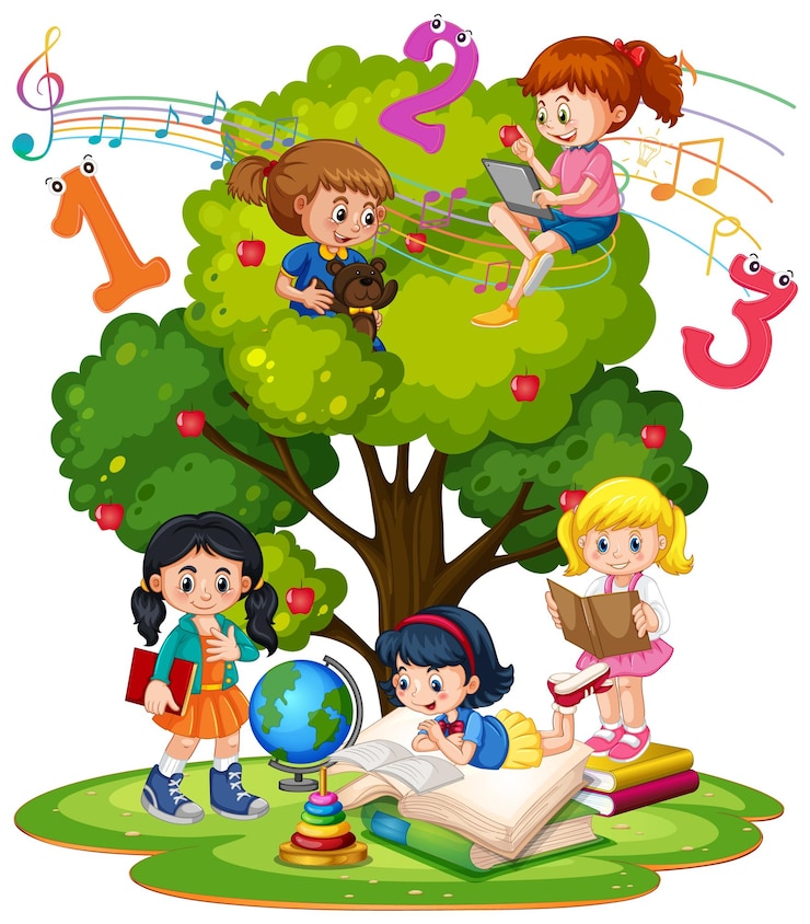 Vettore gratuito un bambino sta leggendo libri su una pila di libri nella scena del giardino
