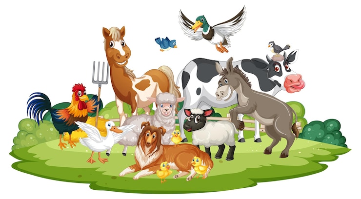 Vettore gratuito un felice raduno di animali da fattoria
