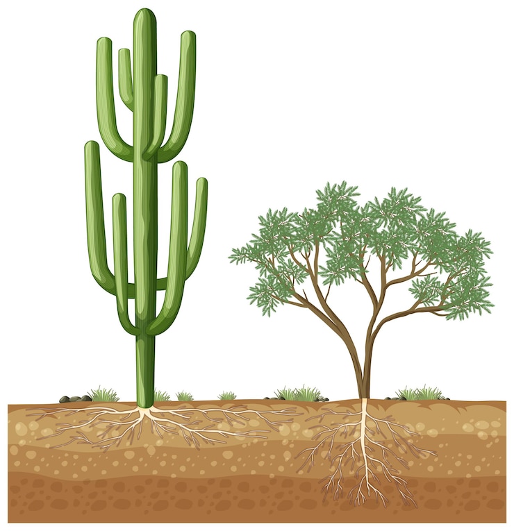 Vettore gratuito un grande cactus che cresce accanto all'albero.