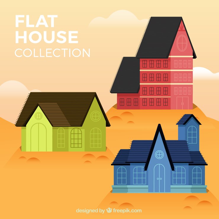 Vettore gratuito un insieme di tre case colorate in design piatto
