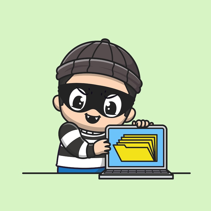 Vettore gratuito un ladro carino ruba un documento dal portatile cartoon vector icon illustrazione persone tecnologia isolata
