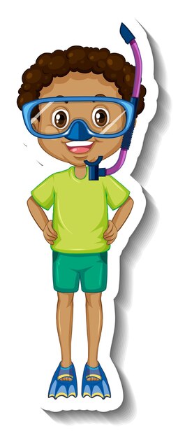 Un ragazzo che indossa l'adesivo del personaggio dei cartoni animati con maschera da snorkeling