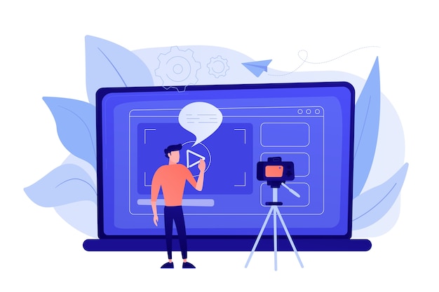 Un uomo davanti alla telecamera che registra un video per condividerlo su Internet. Vloger condivide un bradcast nel blog o nel registro video. Video bloging, televisione web o concetto di video incorporato. Tavolozza viola