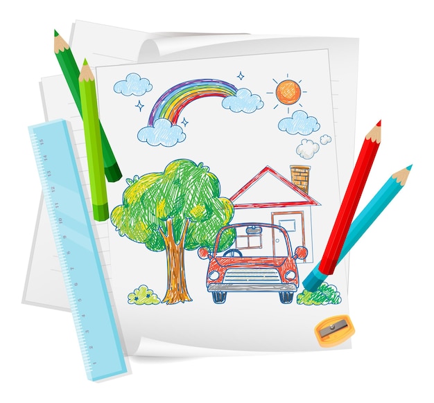 Una carta con un disegno di schizzo di doodle con colore e matita colorata