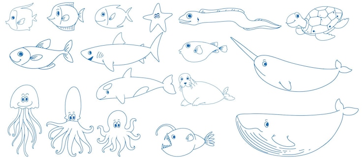 Vettore gratuito una carta con un disegno scarabocchio delle diverse creature marine con