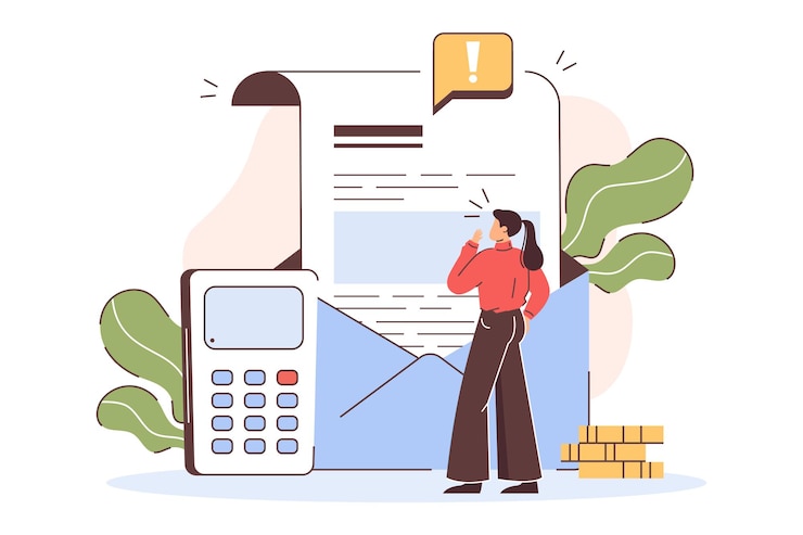 Vettore gratuito una donna piatta e preoccupata ha un elenco di debiti di credito e fatture scadute. ragazza che legge la lettera dell'agenzia di riscossione su problemi finanziari, prestiti e tasse non pagate. concetto di calcolo e pagamento delle spese.
