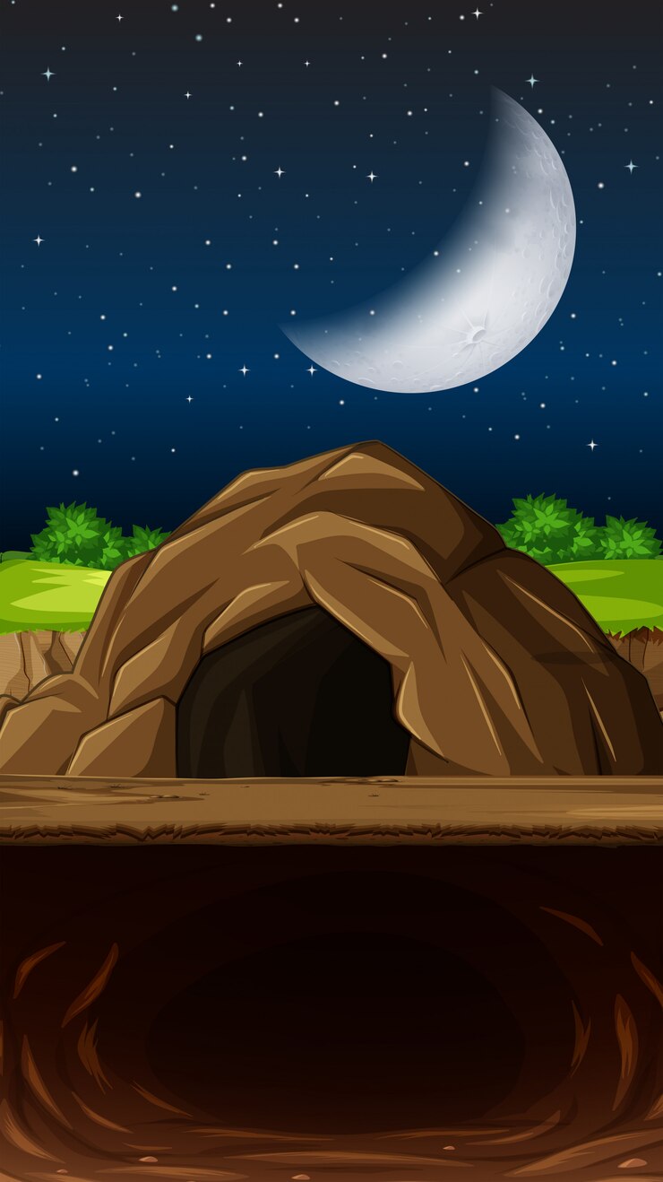 Vettore gratuito una grotta nella scena notturna.