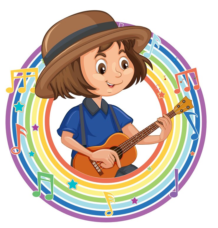 Vettore gratuito una ragazza che suona la chitarra in una cornice rotonda arcobaleno con simboli di melodia