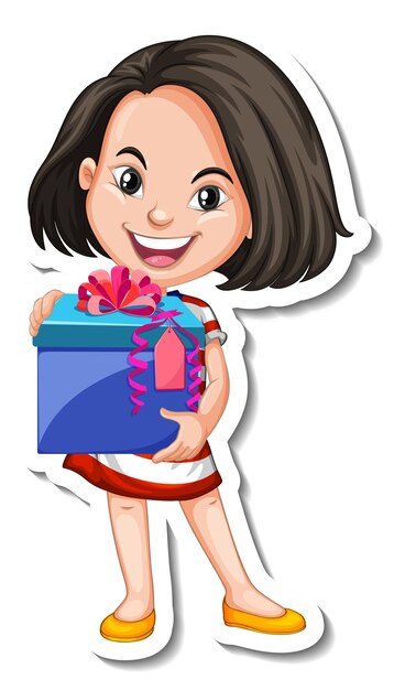 Una ragazza con scatola regalo in stile cartone animato