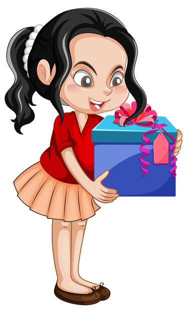 Una ragazza in possesso di un personaggio dei cartoni animati di scatola regalo su sfondo bianco