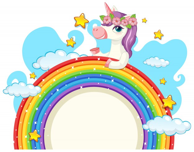 Unicorno carino sopra arcobaleno