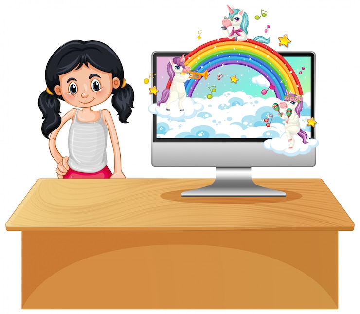Vettore gratuito unicorno di fantasia sul desktop del computer