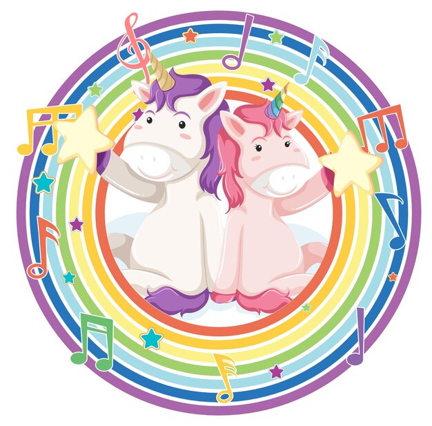 Unicorno in cornice rotonda arcobaleno con simbolo melodia
