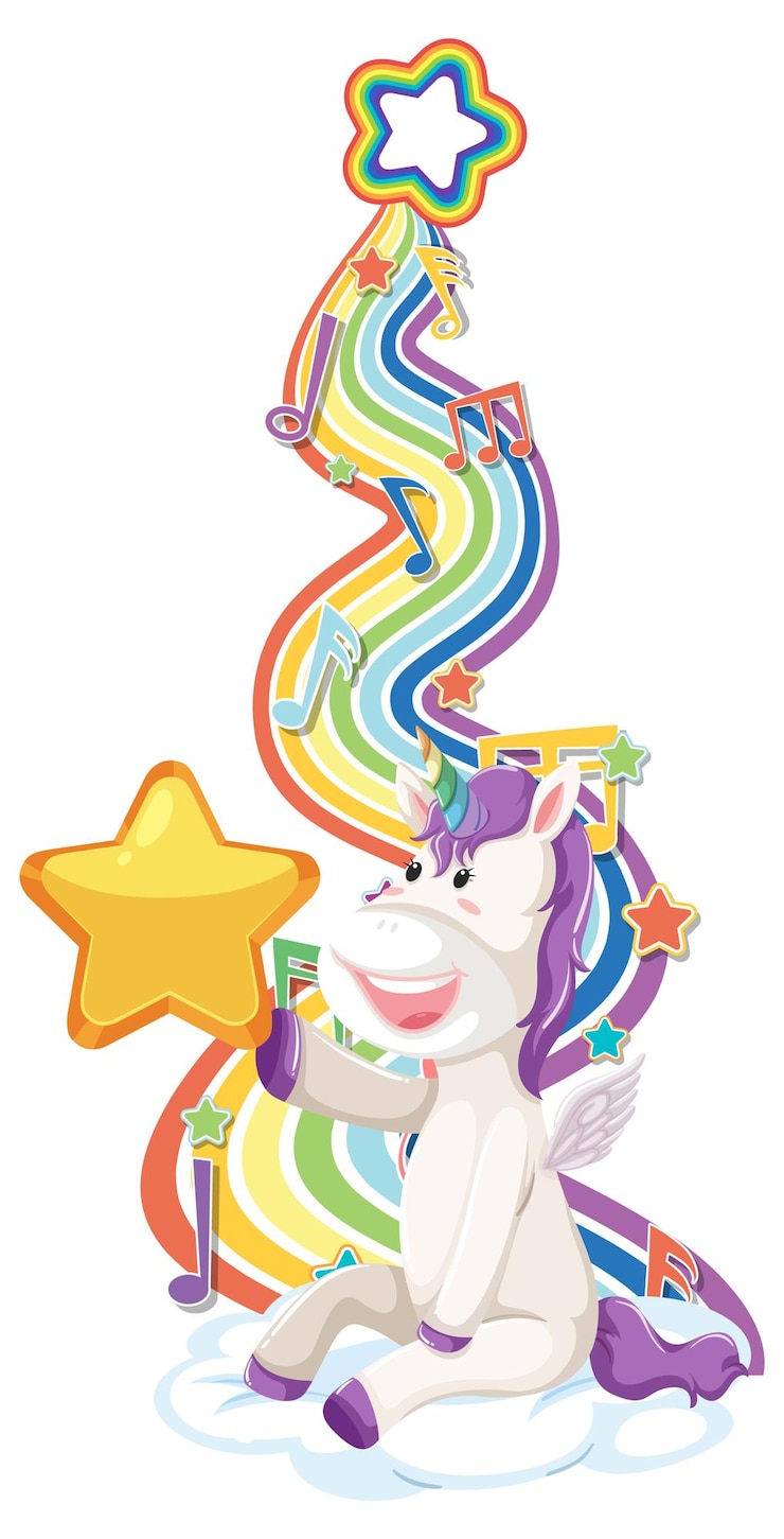 Vettore gratuito unicorno seduto sulla nuvola con arcobaleno su sfondo bianco