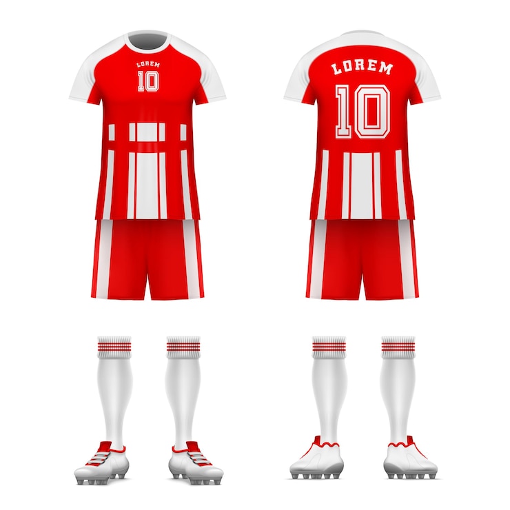Vettore gratuito uniforme realistica del giocatore di calcio con immagini isolate della suite di giochi sportivi con numero e nome illustrazione vettoriale