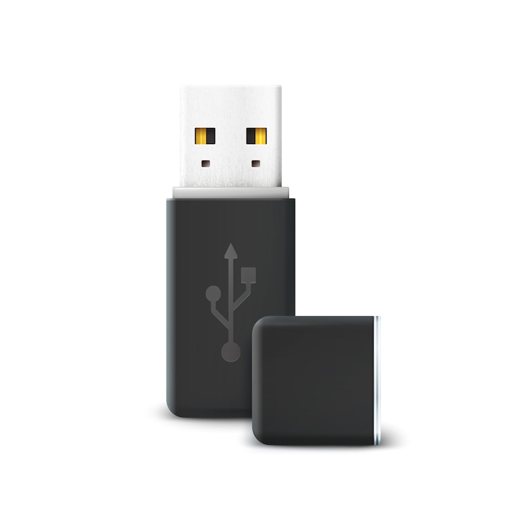 Vettore gratuito unità flash nera isolata su bianco. usb e hardware, trasferimento di informazioni e memoria, archiviazione della tecnologia, portabilità elettronica e connessione.