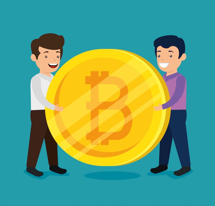 Vettore gratuito uomini con valuta finanziaria elettronica bitcoin