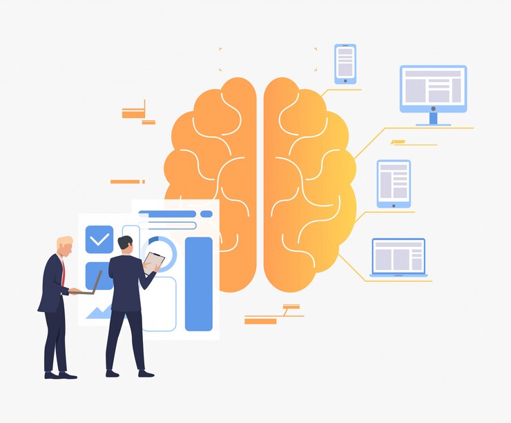Vettore gratuito uomini d'affari che lavorano, cervello, carta e dispositivi digitali