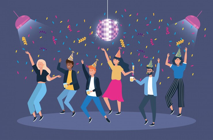 Vettore gratuito uomini e donne nell'evento con coriandoli e luci