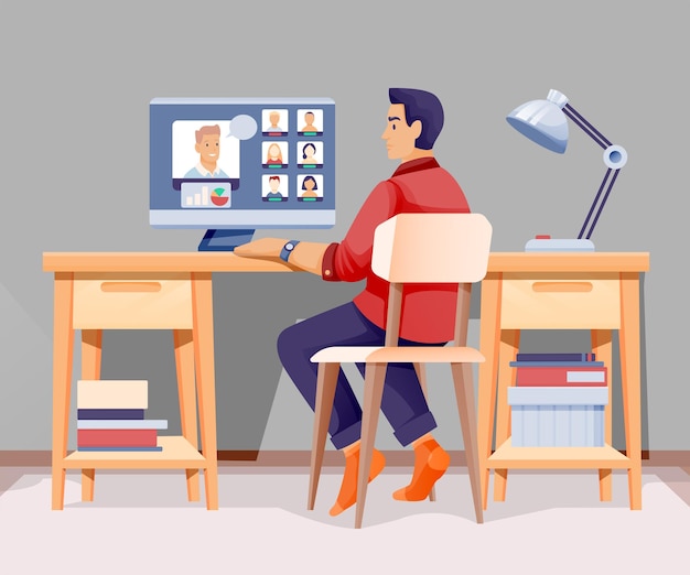 Uomo che lavora in un ufficio domestico moderno Giovane lavoratore seduto su una sedia al computer a casa