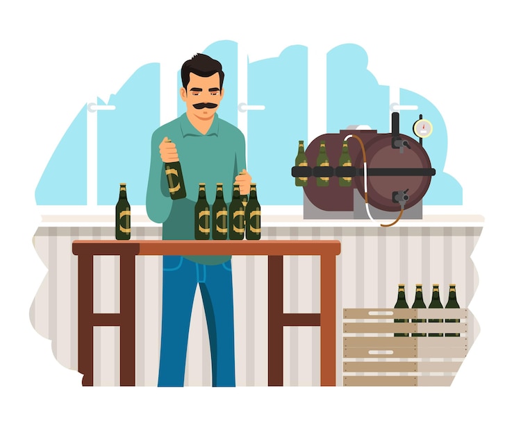 Vettore gratuito uomo che produce birra e mette in bottiglia a casa ragazzo che cucina birra in macchina a casa cucina conservando le bottiglie nella scatola