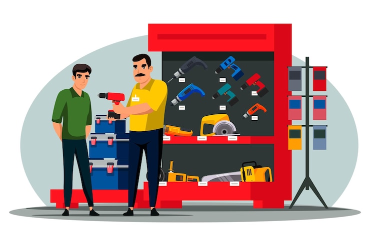 Vettore gratuito uomo che sceglie il trapano al negozio di costruzione di attrezzi da lavoro per falegnameria venditore che offre il miglior strumento elettrico