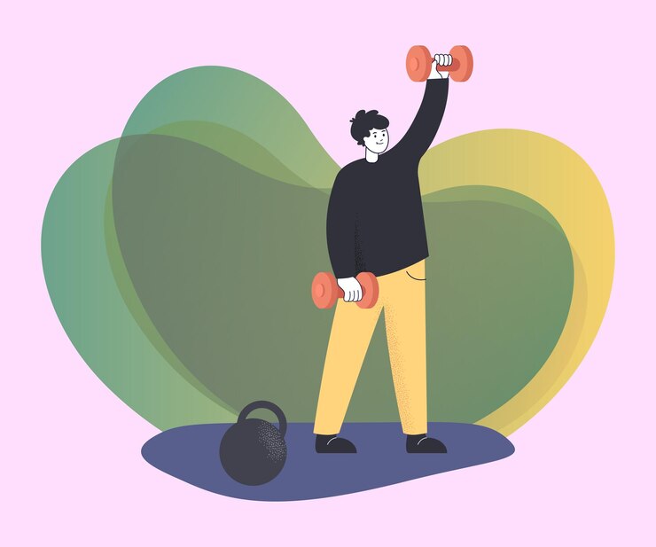 Vettore gratuito uomo che si esercita con manubri e kettlebell