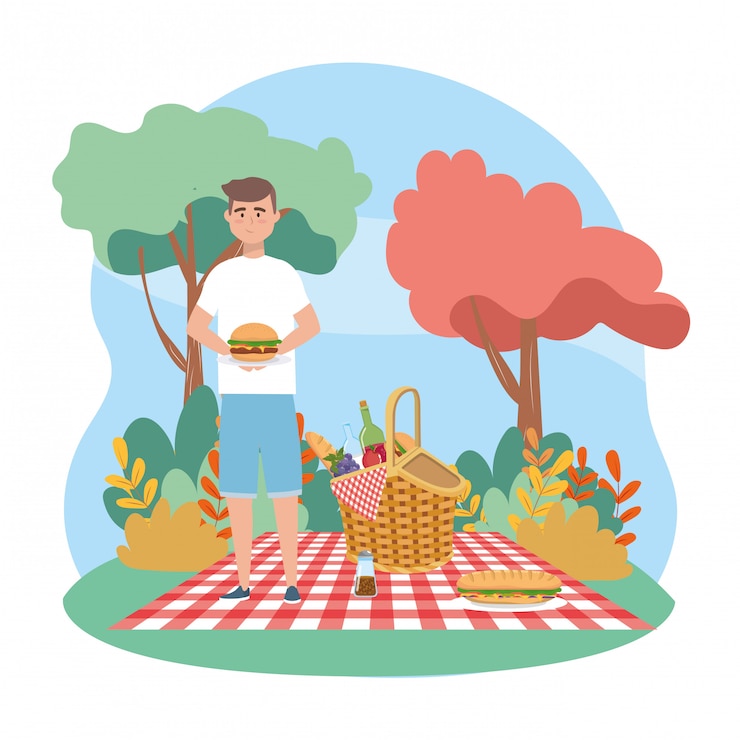 Vettore gratuito uomo con hamburger e bottiglia di vino con sandwinch