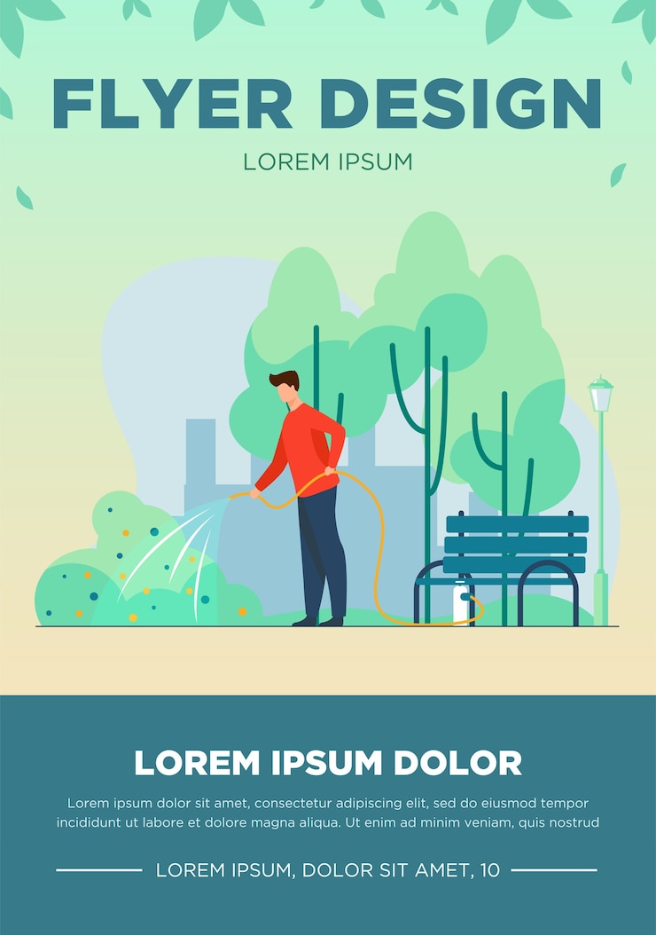 Vettore gratuito uomo con il tubo flessibile di irrigazione cespuglio nel parco cittadino. giardiniere, lavoratore statale, illustrazione vettoriale piatto servizio municipale. greening urbano, concetto di lavoro paesaggistico per banner, progettazione di siti web o pagina web di destinazione