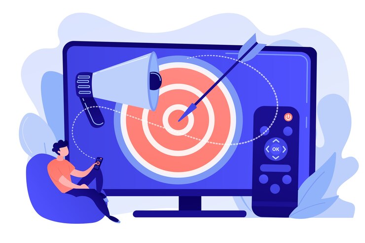 Vettore gratuito uomo d'affari con telecomando che guarda annunci tv mirati. pubblicità televisiva indirizzabile, nuova tecnologia pubblicitaria, targeting del concetto di marketing televisivo