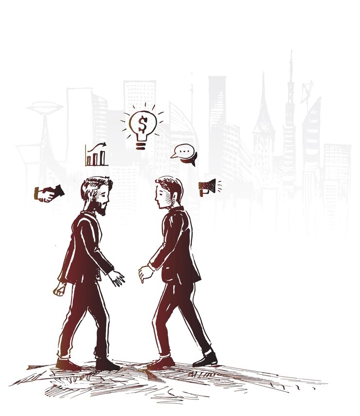 Vettore gratuito uomo d'affari in piedi pensando trova la via del successo concetto di business con icone illustrazione vettoriale di schizzo disegnato a mano