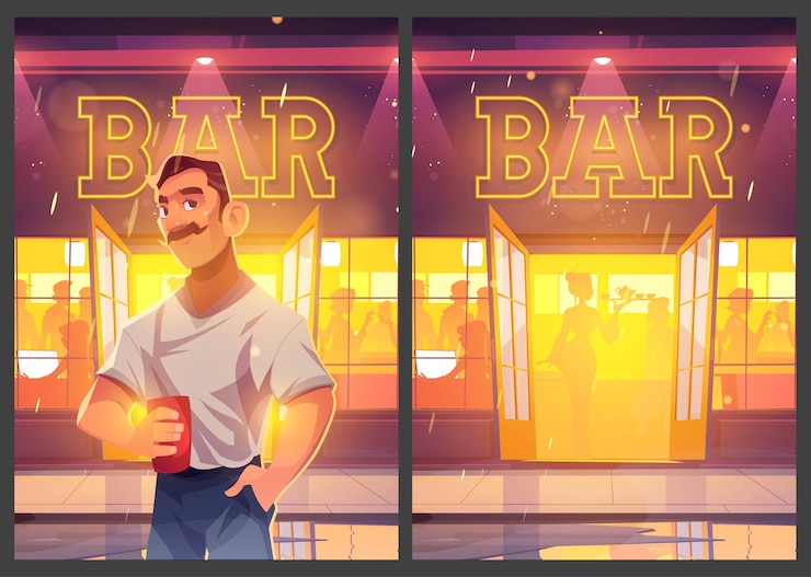 Vettore gratuito uomo del manifesto del fumetto di ricreazione del bar con la tazza al pub