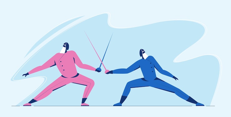 Vettore gratuito uomo dell'atleta scherma duello concorrenza. sportivo in battaglia con combattimento con la spada in colore blu e rosa.