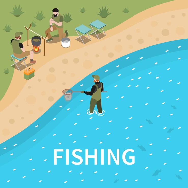 Vettore gratuito uomo di composizione isometrica del pescatore di pesca un uomo pesca con una rete e altri due fanno la zuppa sopra un'illustrazione di vettore del fuoco
