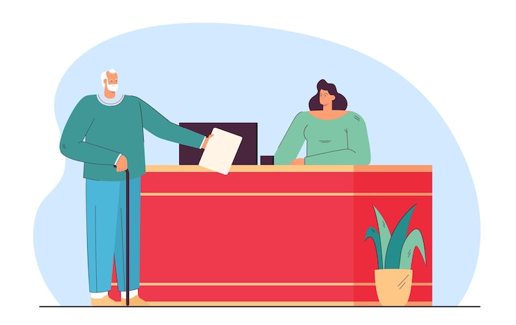 Vettore gratuito uomo di vecchiaia che allunga il foglio di carta alla donna seduta al tavolo. persona che si rivolge all'illustrazione vettoriale piatta dell'istituzione pubblica. concetto di assistenza clienti per banner, design del sito web, pagina web di destinazione