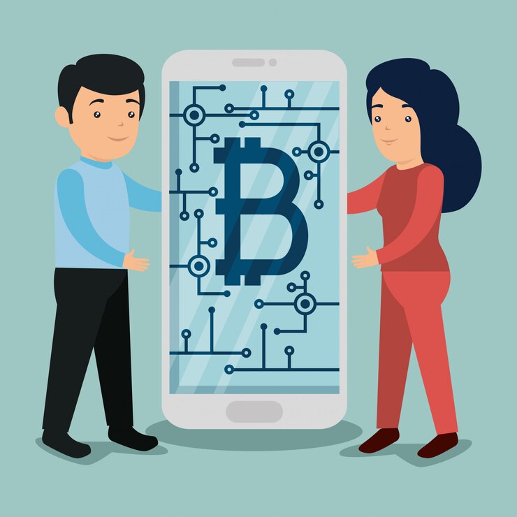 Vettore gratuito uomo e donna con lo smartphone con il simbolo bitcoin