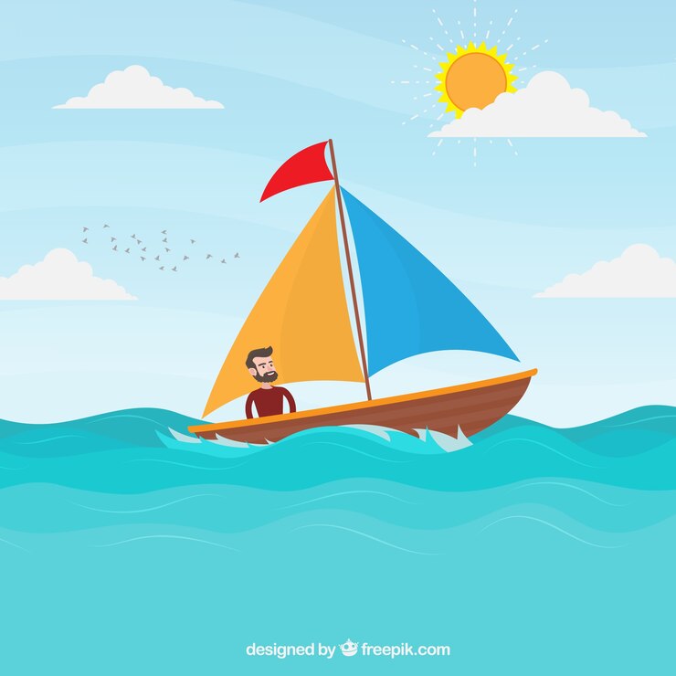 Vettore gratuito uomo felice sul suo background barca