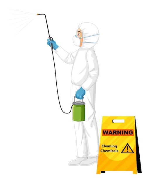 Uomo in tuta protettiva ignifuga con segno di prodotti chimici per la pulizia