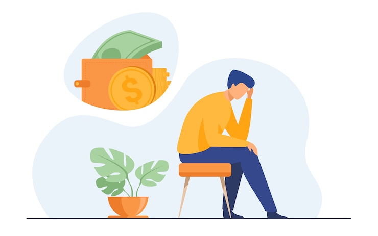 Vettore gratuito uomo triste depresso che pensa ai problemi finanziari
