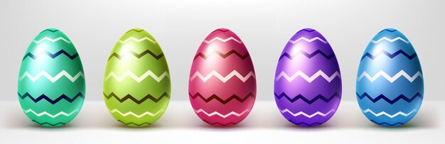 Uova di Pasqua colorate con motivo a linee a zigzag. Insieme realistico di vettore della decorazione delle vacanze primaverili, regali per l'evento di caccia di Pasqua. Collezione di uova lucide rosse, verdi, blu e viola con stampa a righe