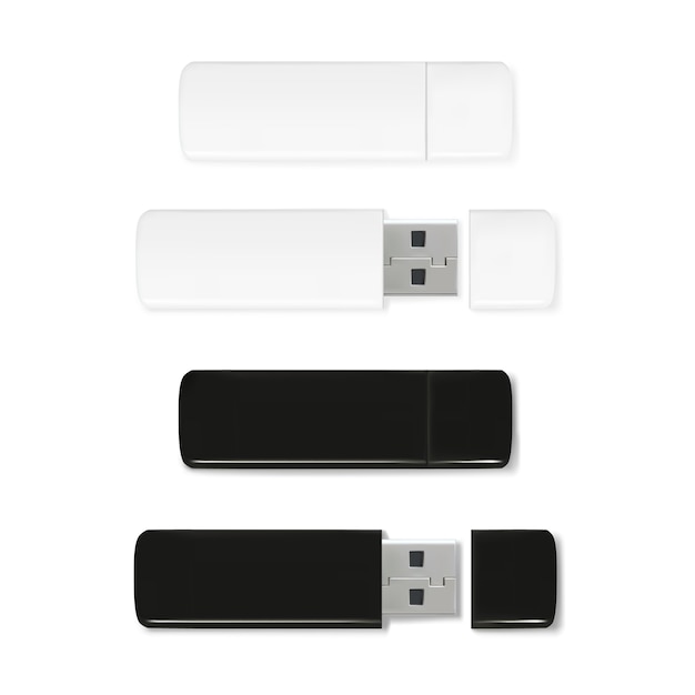 USB flash drive illustrazione del memory stick realistico 3D. Mockup di plastica in bianco e nero