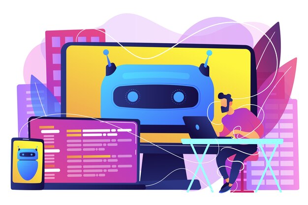 Utente con schermi di computer, laptop e tablet con chatbot e abitudini digitali. Ingegnere del software. Illustrazione isolata viola vibrante brillante