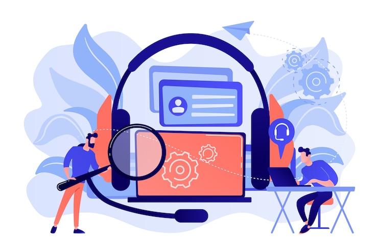 Vettore gratuito utente finale con lente d'ingrandimento che trova informazioni nel laptop con auricolare. self-service del cliente, sistema di supporto elettronico, illustrazione del concetto di assistenza clienti elettronica