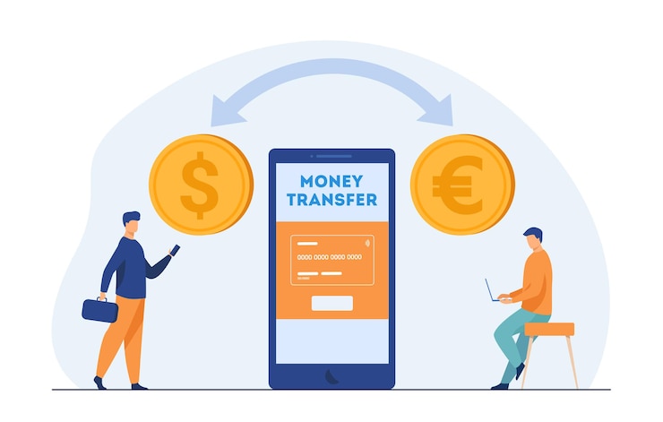 Vettore gratuito utenti di banche mobili che trasferiscono denaro. conversione di valuta, persone minuscole, pagamento online. illustrazione del fumetto