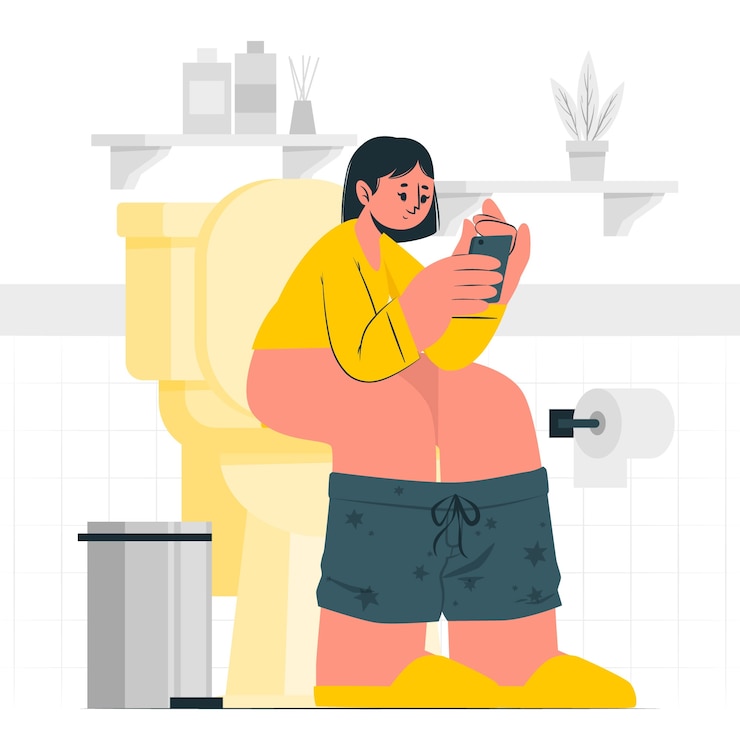 Vettore gratuito utilizzo del telefono sull'illustrazione del concetto di toilette