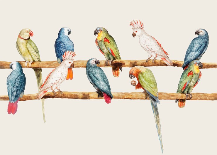 Vettore gratuito varietà di pappagalli in stile vintage